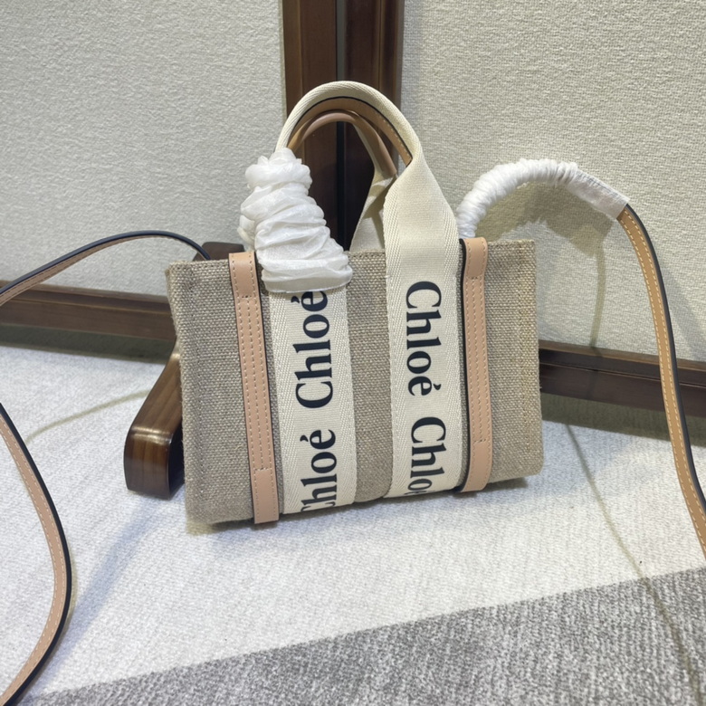 Chloé Woody Mini Tote Bag in Beige Linen Canvas with Blush Leather Trim