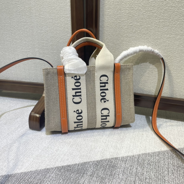 Chloé Woody Mini Tote Bag in Natural Linen Canvas with Tan Leather Trim