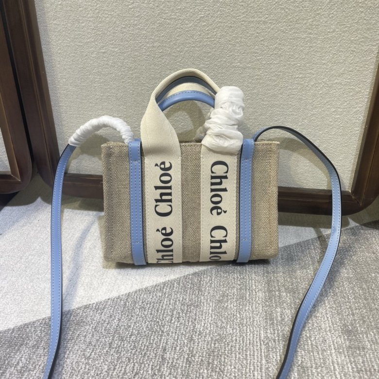 Chloé Woody Mini Tote Bag in Natural Linen Canvas with Light Blue Leather
