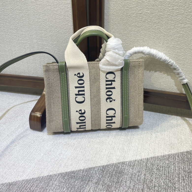 Chloé Woody Mini Tote Bag in Natural Linen Canvas with Green Leather Trim