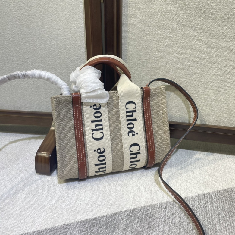 Chloé Woody Mini Tote Bag in Natural Linen Canvas with Tan Leather