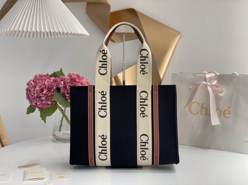Chloé Woody Tote Bag in Black Canvas with Tan Leather Trim and Logo Straps