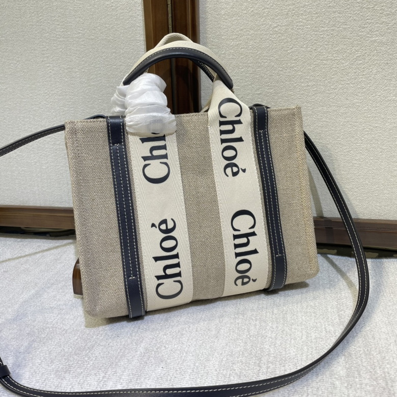 Chloé Woody Small Tote Bag in Beige Linen Canvas with Navy Leather Trim