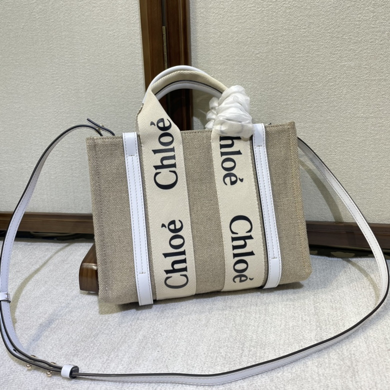 Chloé Woody Small Tote Bag in Beige Linen Canvas with White Leather Trim