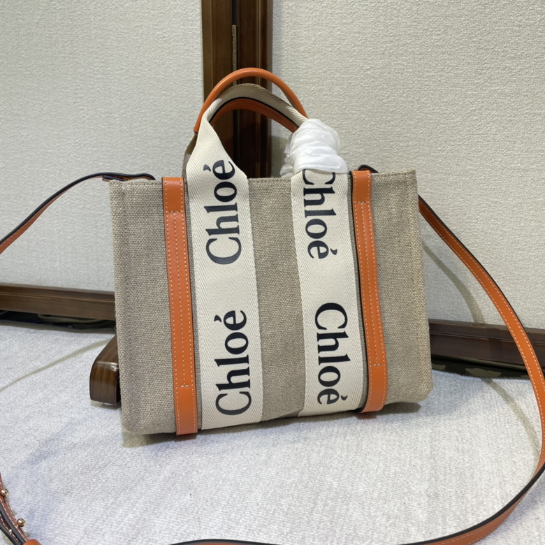 Chloé Woody Small Tote Bag in Beige Linen Canvas with Tan Leather Trim