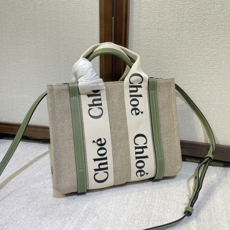 Chloé Woody Small Tote Bag in Natural Linen Canvas with Green Leather Trim