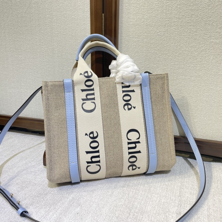 Chloé Woody Small Tote Bag in Natural Linen Canvas with Light Blue Trim