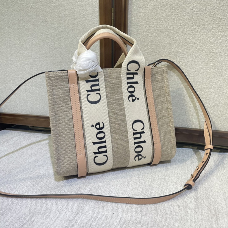 Chloé Woody Small Tote Bag in Natural Linen Canvas with Blush Leather