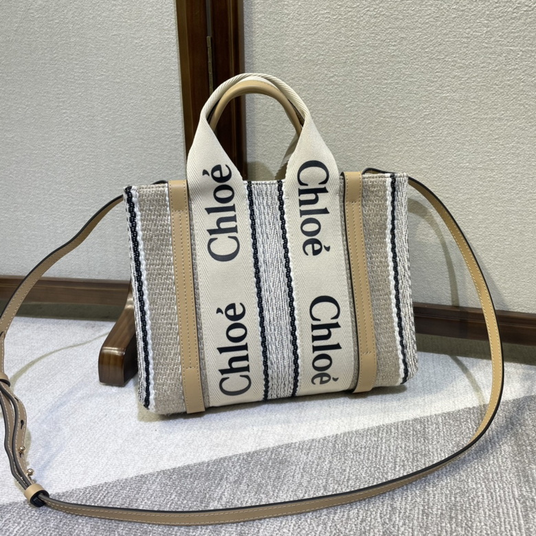 Chloé Woody Small Tote Bag in White and Beige Canvas with Navy Logo Straps