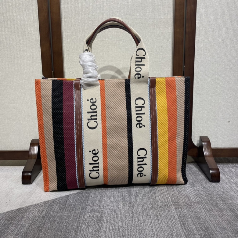 Chloé Woody Large Tote Bag in Multicolor Striped Canvas with Logo Ribbon
