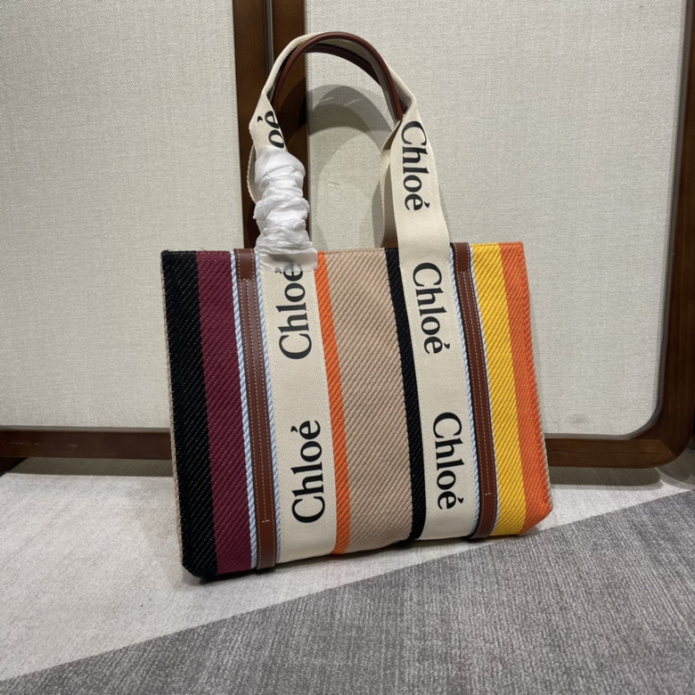 Chloé Woody Medium Tote Bag in Multicolor Striped Canvas with Leather Trim