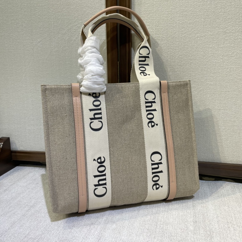 Chloé Woody Medium Tote Bag in Beige Linen Canvas with Blush Pink Trim