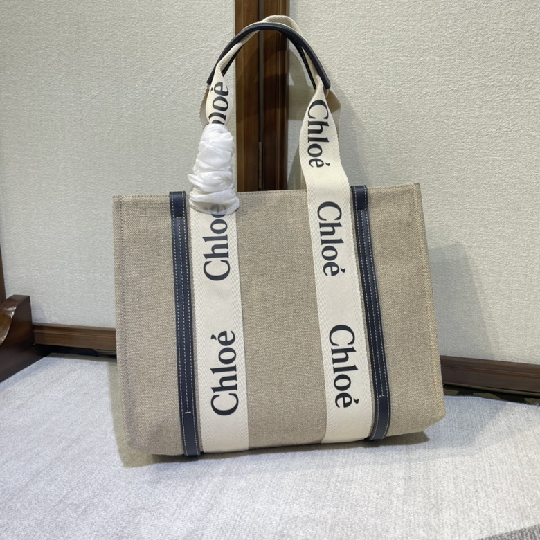 Chloé Woody Medium Tote Bag in Beige Linen Canvas with Navy Logo Ribbon