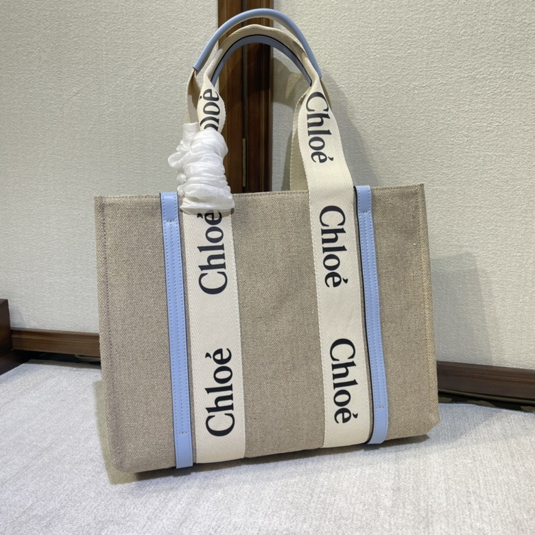 Chloé Woody Medium Tote Bag in Beige Linen Canvas with Light Blue Trim