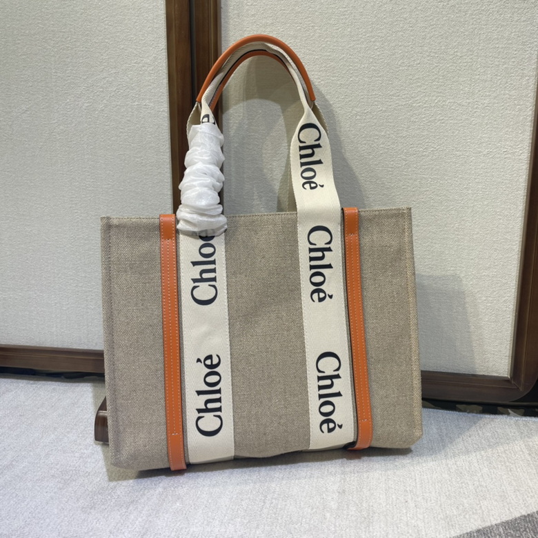 Chloé Woody Medium Tote Bag in Beige Canvas with Tan Leather and Logo Ribbon