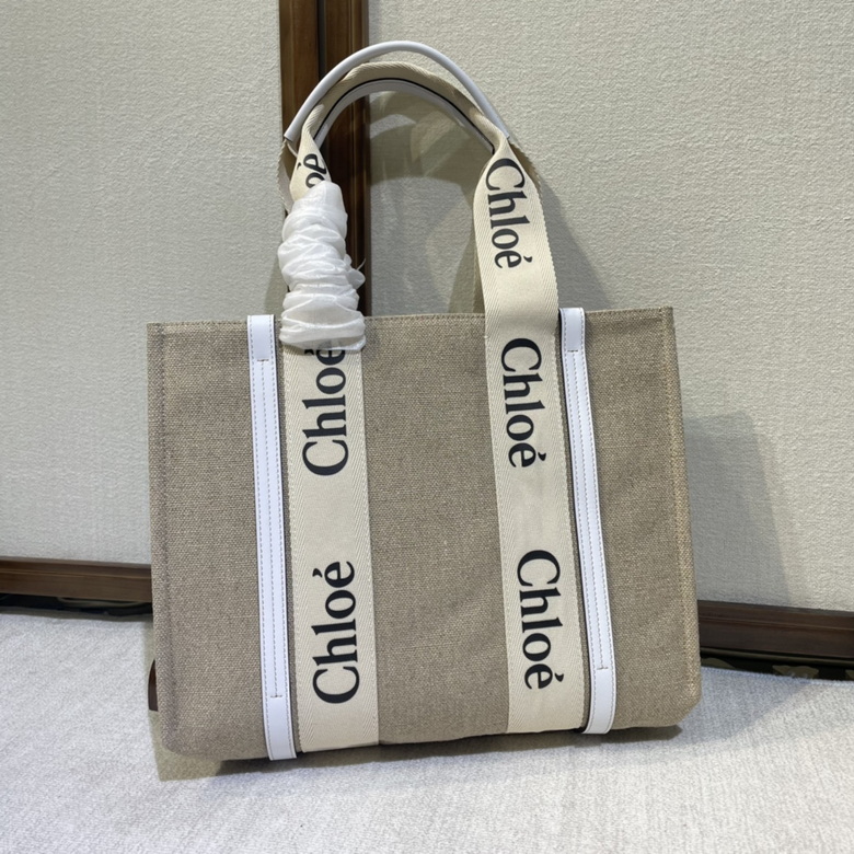 Chloé Woody Medium Tote Bag in Beige Linen Canvas with Navy Logo Ribbon