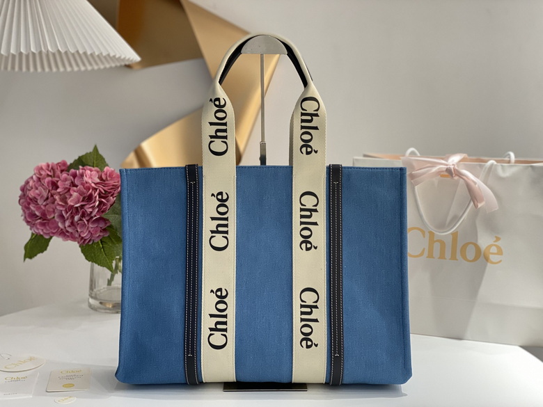 Chloé Woody Large Tote Bag in Blue Canvas with Cream Logo Ribbon Straps