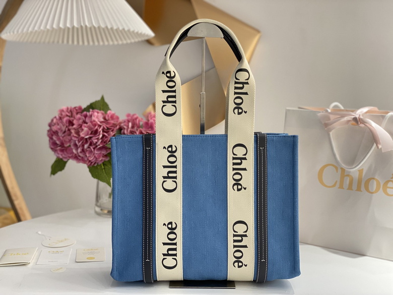 Chloé Woody Medium Tote Bag in Blue Canvas with Logo Ribbon Handles
