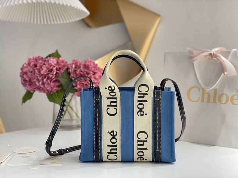 Chloé Woody Small Tote Bag in Blue Canvas with Logo Ribbon and Strap