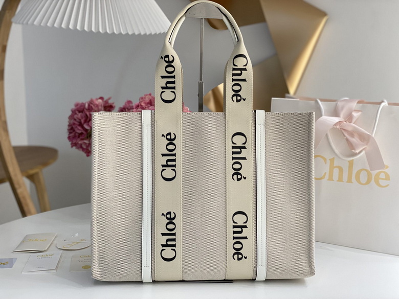 Chloé Woody Large Tote Bag in Beige Canvas with Black Logo Straps