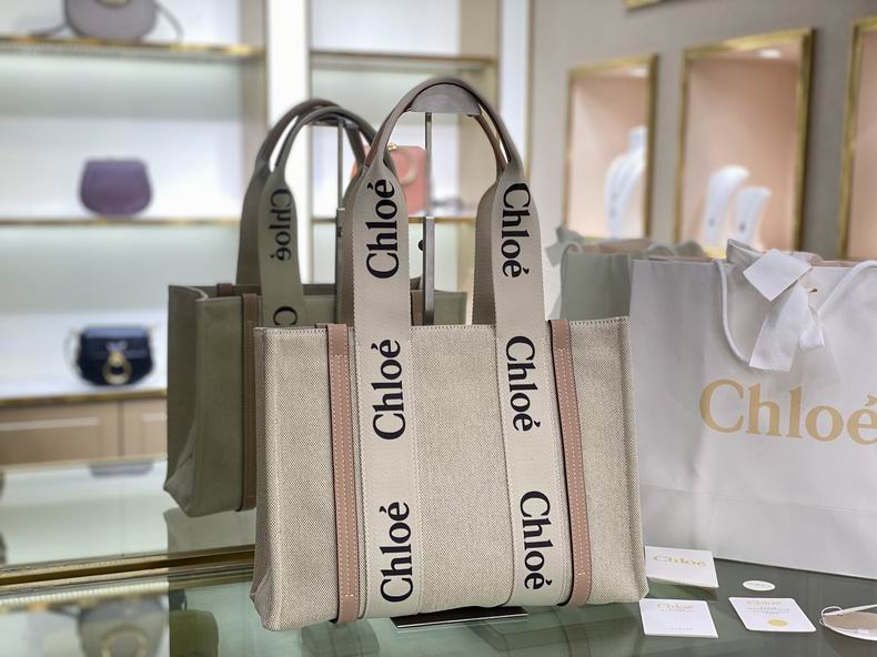 Chloé Woody Medium Tote Bag in Beige Canvas with Pink Leather Trim