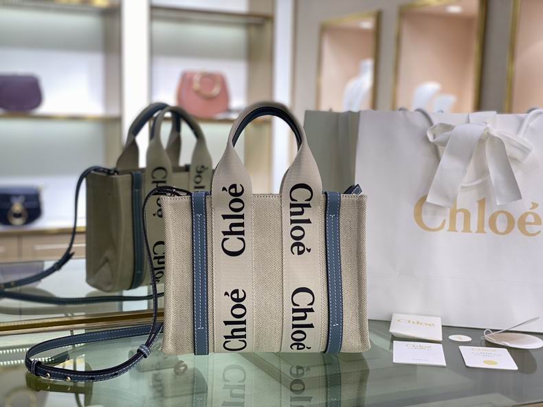 Chloé Woody Small Tote Bag in Beige Canvas with Blue Leather Trim