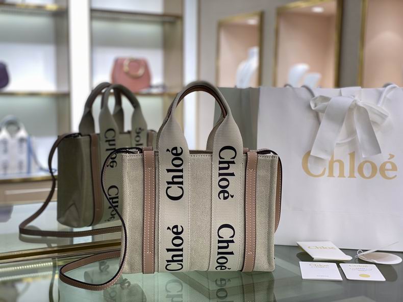 Chloé Woody Small Tote Bag with Strap in Off-White Canvas and Taupe Leather