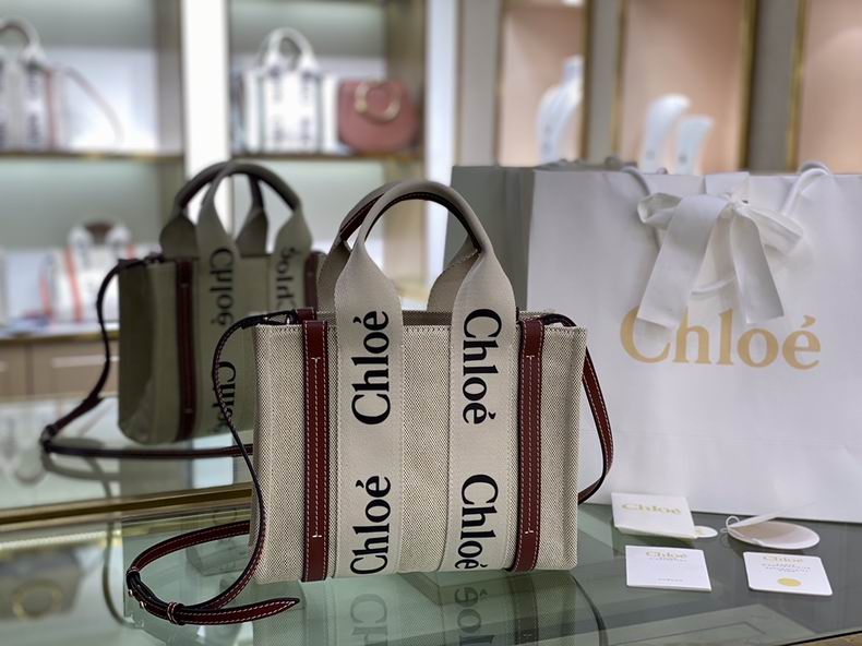 Chloé Woody Small Tote Bag in Natural Canvas with Brown Leather Trim