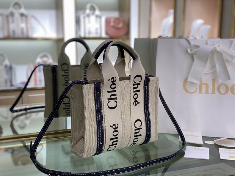 Chloé Woody Small Tote Bag with Strap in Beige Canvas and Navy Trim