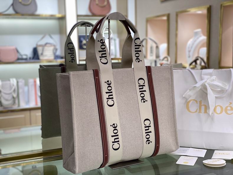 Chloé Woody Small Tote Bag in Beige Canvas with Burgundy Leather Trim