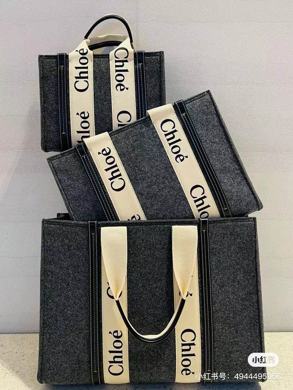 Chloé Woody Small Tote Bag in Grey Felt with Cream Logo Ribbon