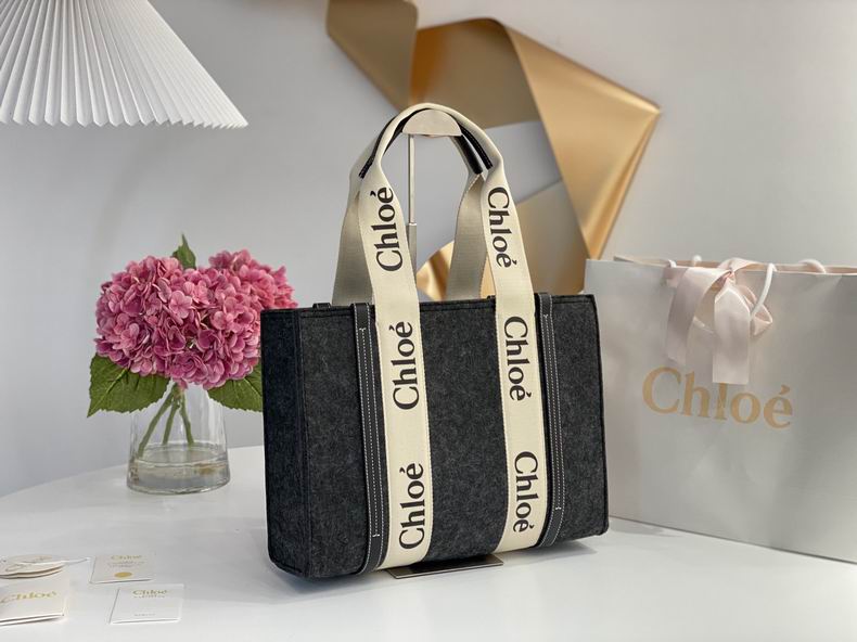 Chloé Woody Small Tote Bag in Dark Grey Felt with Cream Logo Ribbon