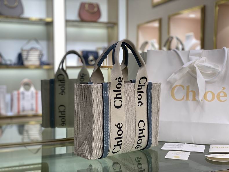 Chloé Woody Small Tote Bag in Beige Canvas with Blue Leather Trim