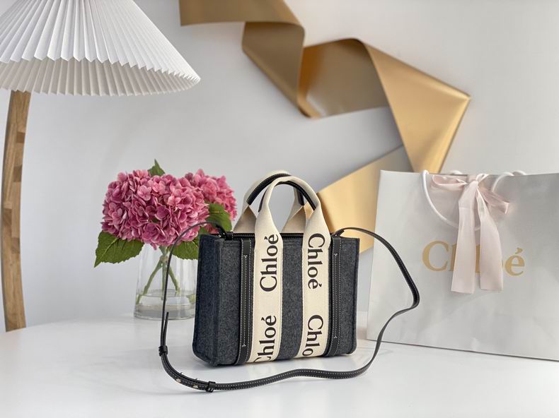 Chloé Woody Small Tote Bag in Grey Felt with Cream Logo Ribbon