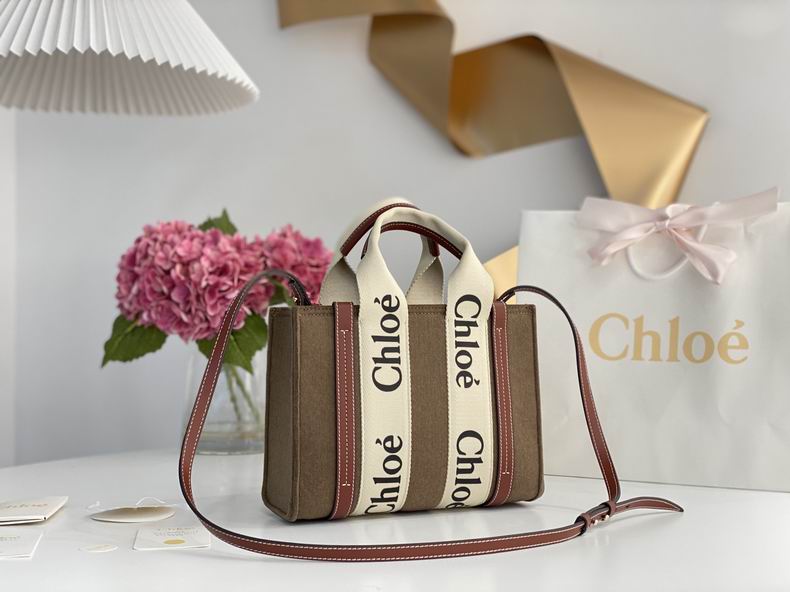 Chloé Woody Small Tote Bag in Brown Canvas with Cream Logo Ribbon