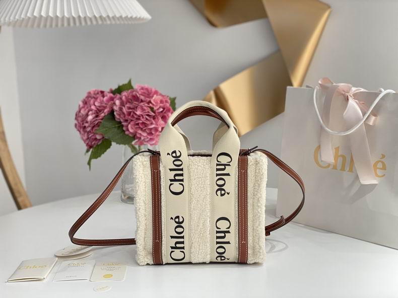 Chloé Woody Small Tote Bag in Cream Shearling with Tan Leather Trim