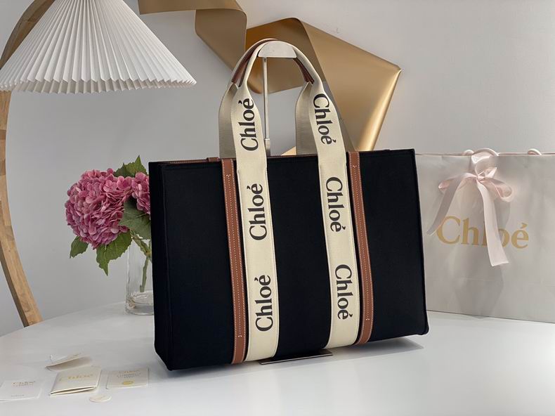 Chloé Woody Large Tote Bag in Black Canvas with Cream Logo Straps