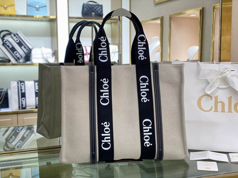 Chloé Woody Small Tote Bag in Beige Canvas with Navy Logo Straps