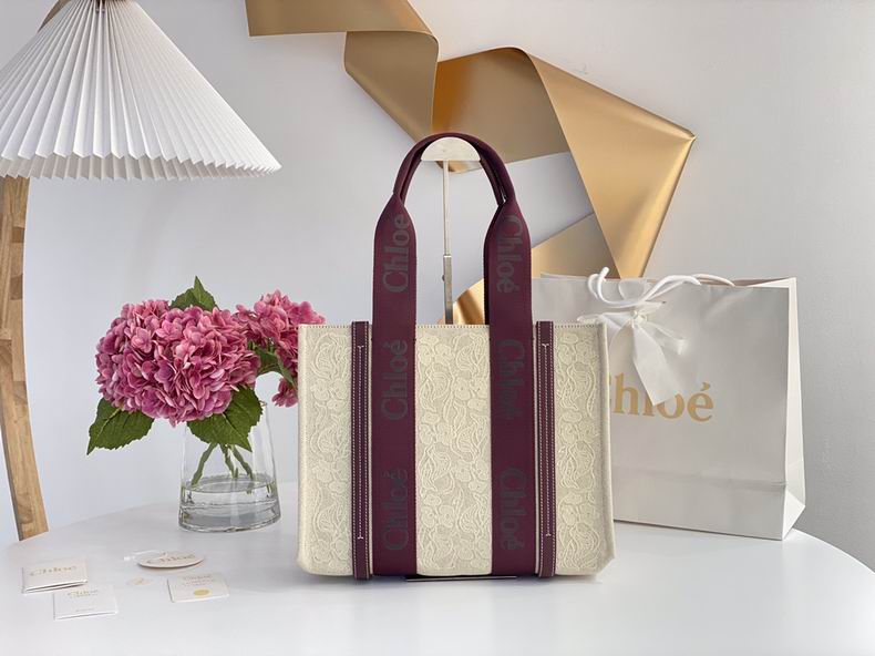 Chloé Woody Medium Tote Bag in Cream Lace Canvas with Burgundy Logo Straps