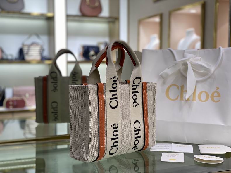 Chloé Woody Small Tote Bag in Natural Canvas with Tan Leather Trim