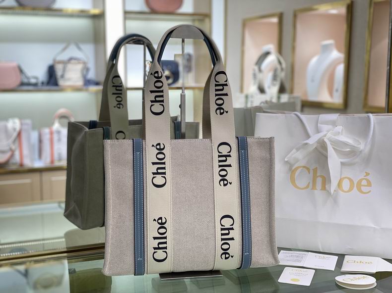 Chloé Woody Small Tote Bag in Beige Canvas with Blue Leather Trim