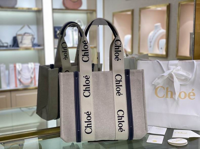 Chloé Woody Tote Bag in Beige Canvas with Navy Trim and Logo Straps