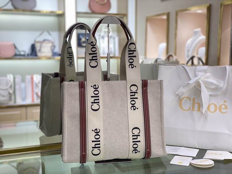 Chloé Woody Tote Bag in Natural Canvas with Brown Leather Trim and Logo Straps
