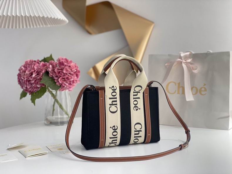 Chloé Woody Small Tote Bag in Black Canvas with Tan Leather and Logo Ribbon