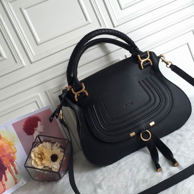 Chloé Marcie Medium Top-Handle Bag in Black Grained Leather