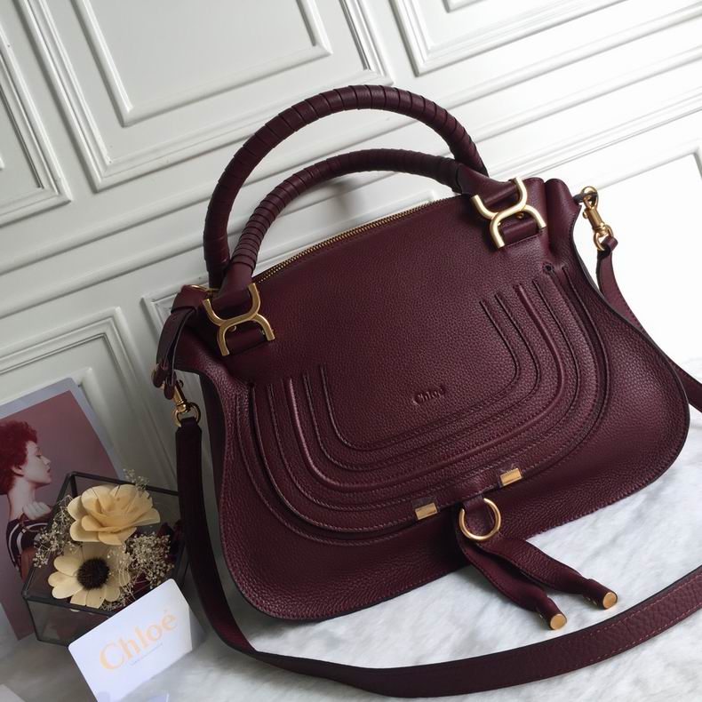 Chloé Marcie Medium Top-Handle Bag in Burgundy Grained Leather
