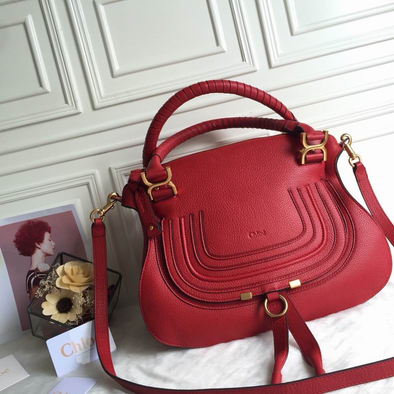 Chloé Marcie Medium Top-Handle Bag with Strap in Red Grained Leather