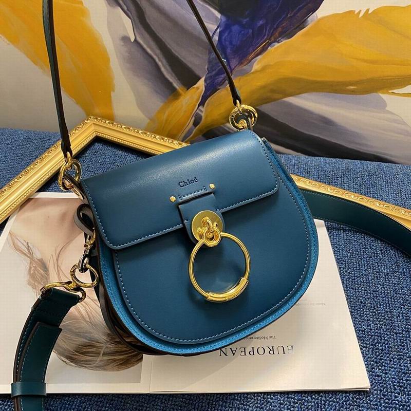 Chloé Tess Saddle Shoulder Bag with Gold Ring in Teal Blue Leather