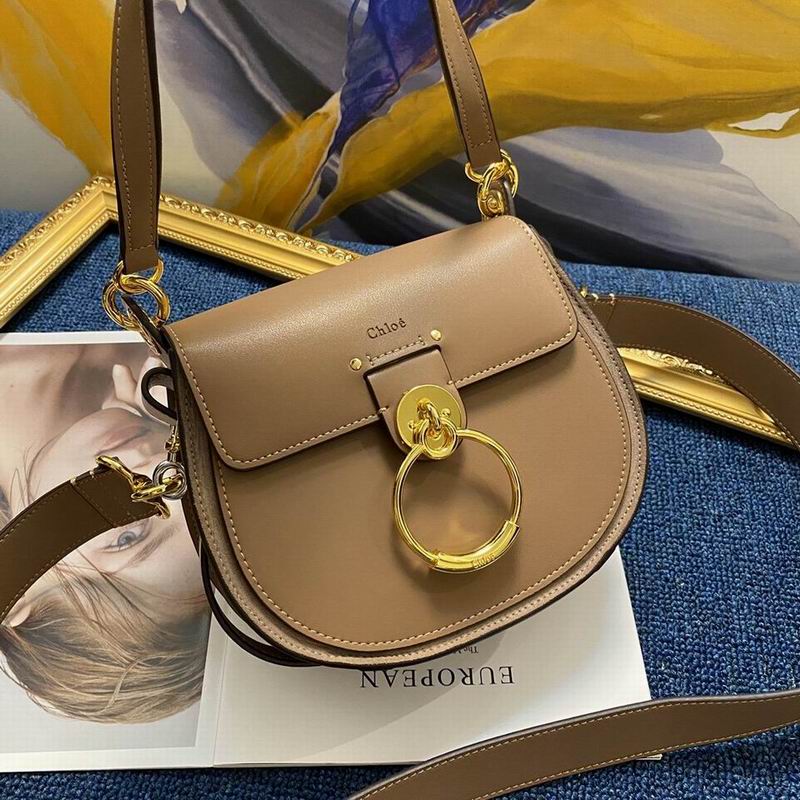 Chloé Tess Saddle Shoulder Bag in Taupe Brown Smooth Leather with Gold Ring