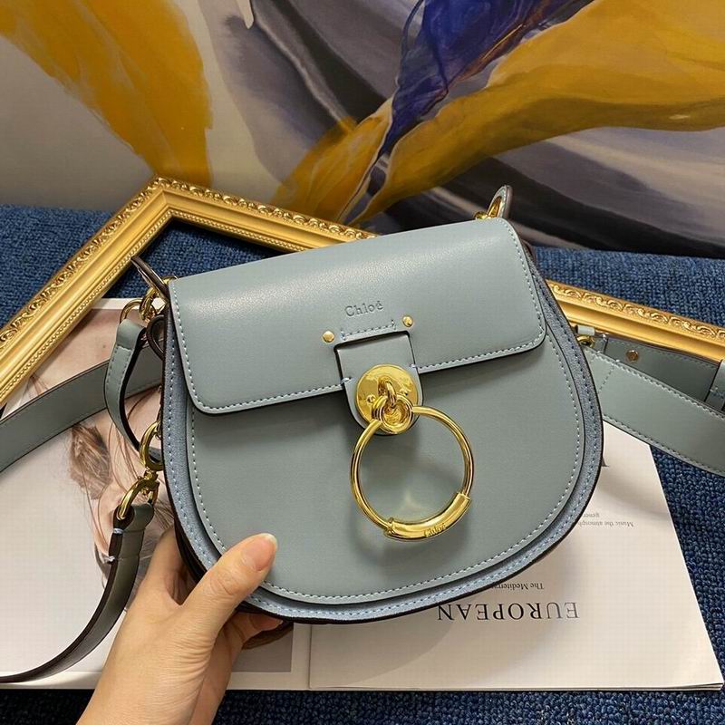 Chloé Tess Saddle Shoulder Bag in Light Blue-Grey Smooth Leather